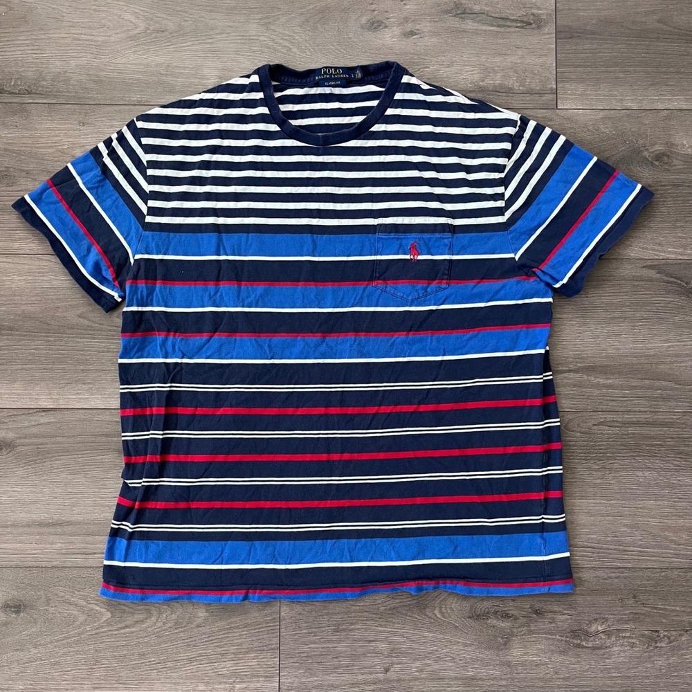 Polo Ralph Lauren Mens Large Classic Fit Striped Pocket T-Shirt Navy Blue Red